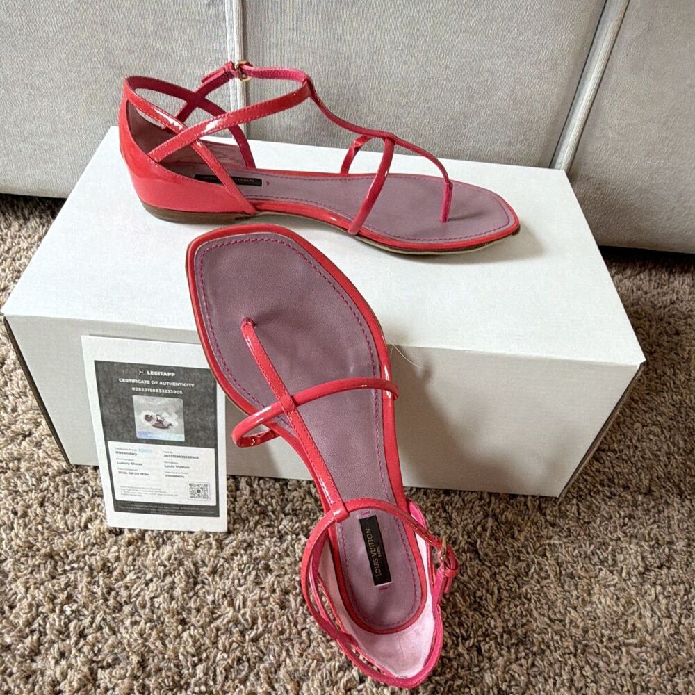 Louis Vuitton Pink Patent Leather Strappy Thong Ankle Strap Flat Sandals 37 COA